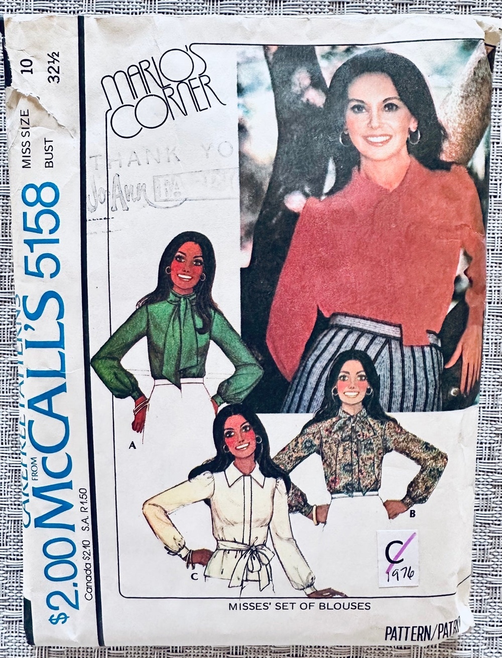 Vintage 70s McCalls 5158 Misses Blouse Marlo Corner Pattern Sz 10 CUT/COMPLETE.